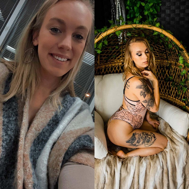 Two pictures of a woman with tattoos sitting on a chair.