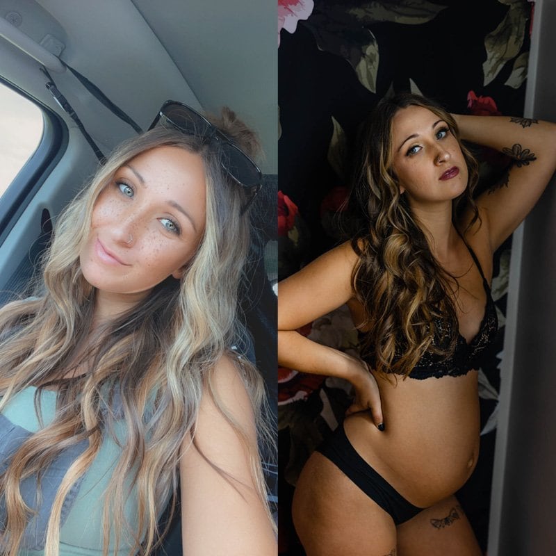 Two pictures of a pregnant woman posing in a car.