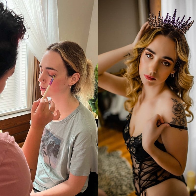 Two pictures of a woman getting her makeup done.